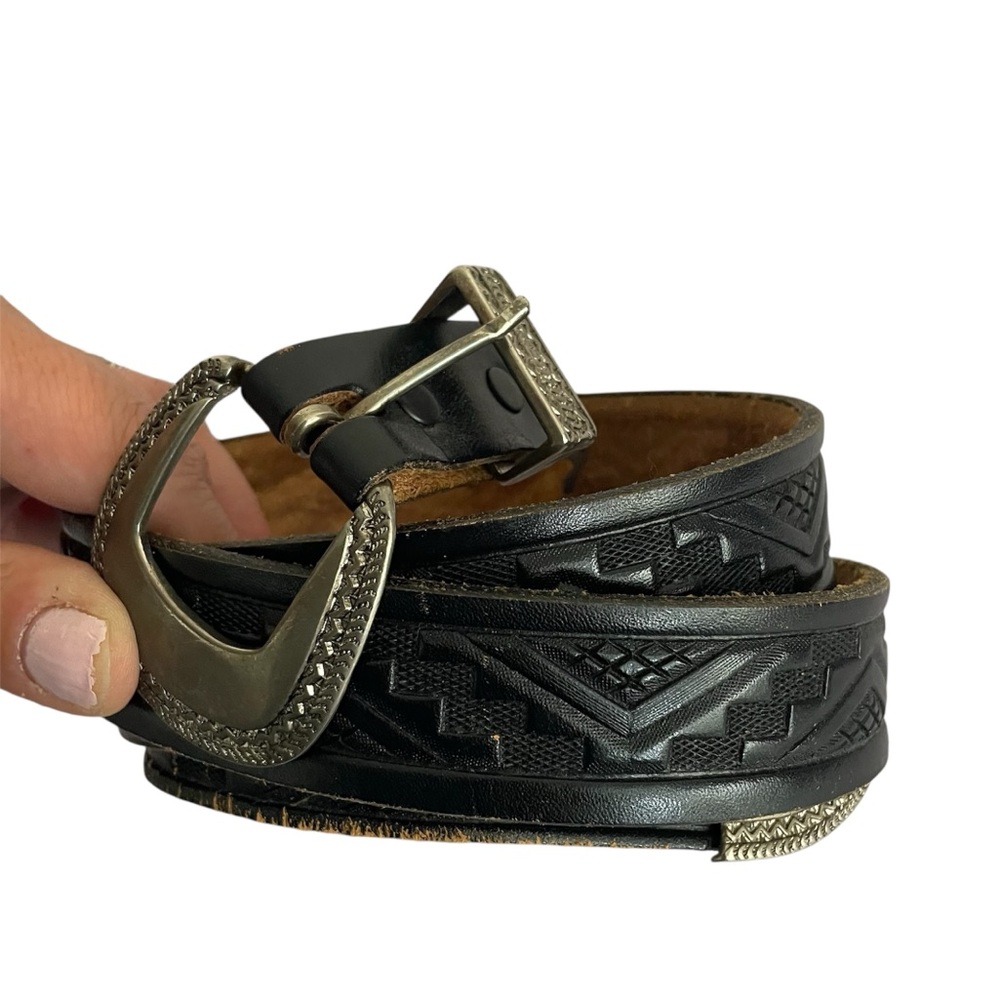 VTG Western Belt Black Embossed Leather 34 Buckle Cowboy Tribal Boho Biker